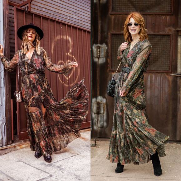 ba&sh Dresses & Skirts - ba&sh Hendrix Floral Metallic Plissé Knit Long Sleeve Maxi Dress Size 0 XS Black